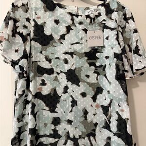 Kasper Mint and Black Floral Dot Short-Sleeve Blouse